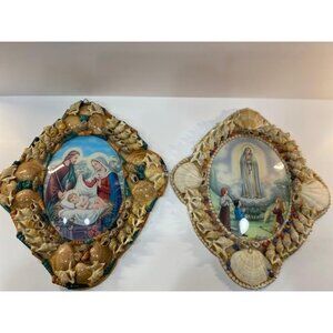 Vintage Religious Framed Folk Art Shell Pictures with Convex Glass ~ Pair